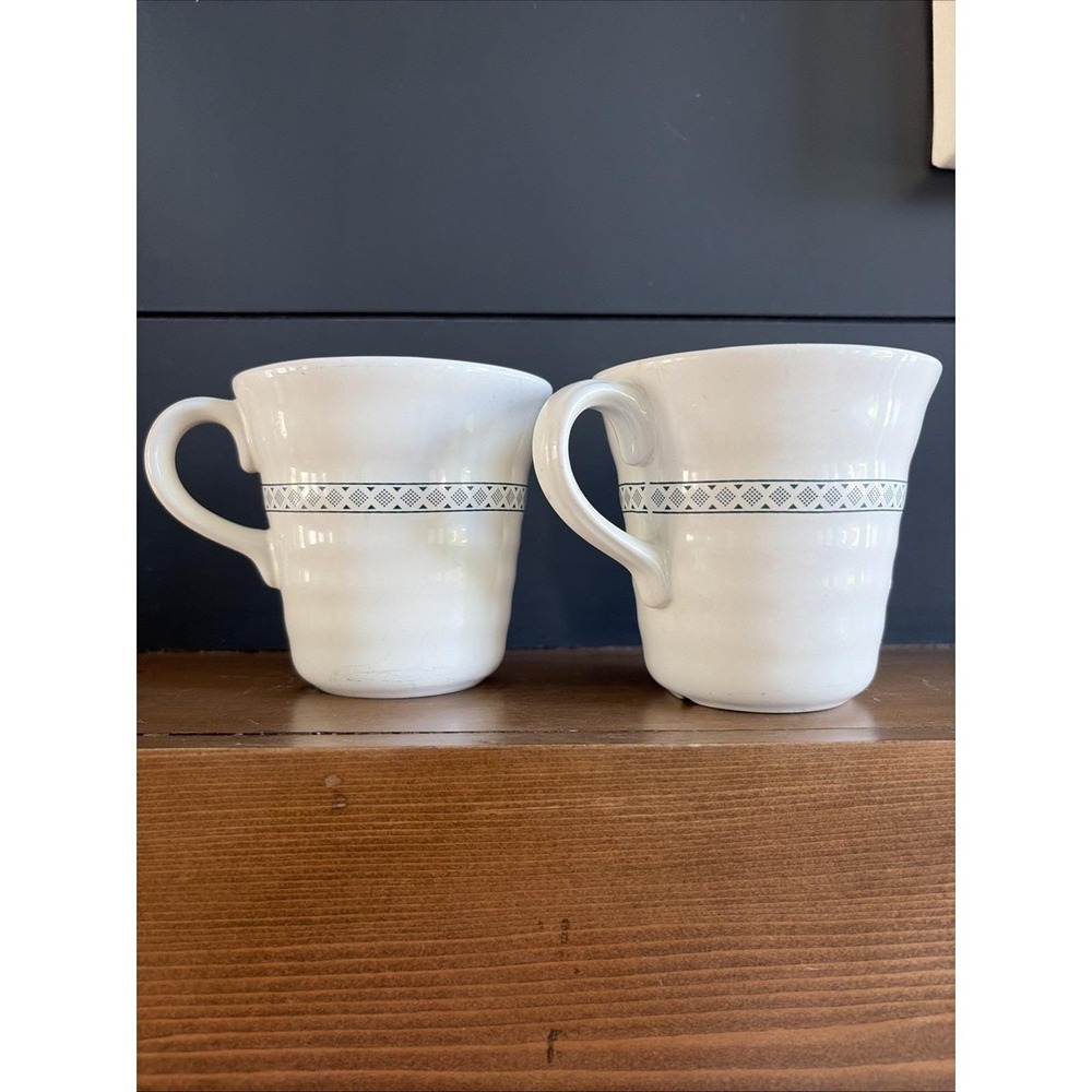 VTG 90s/2000s IKEA Coffee‎ Mugs Set of 2 White Green Geometric Band Ceramic Cups